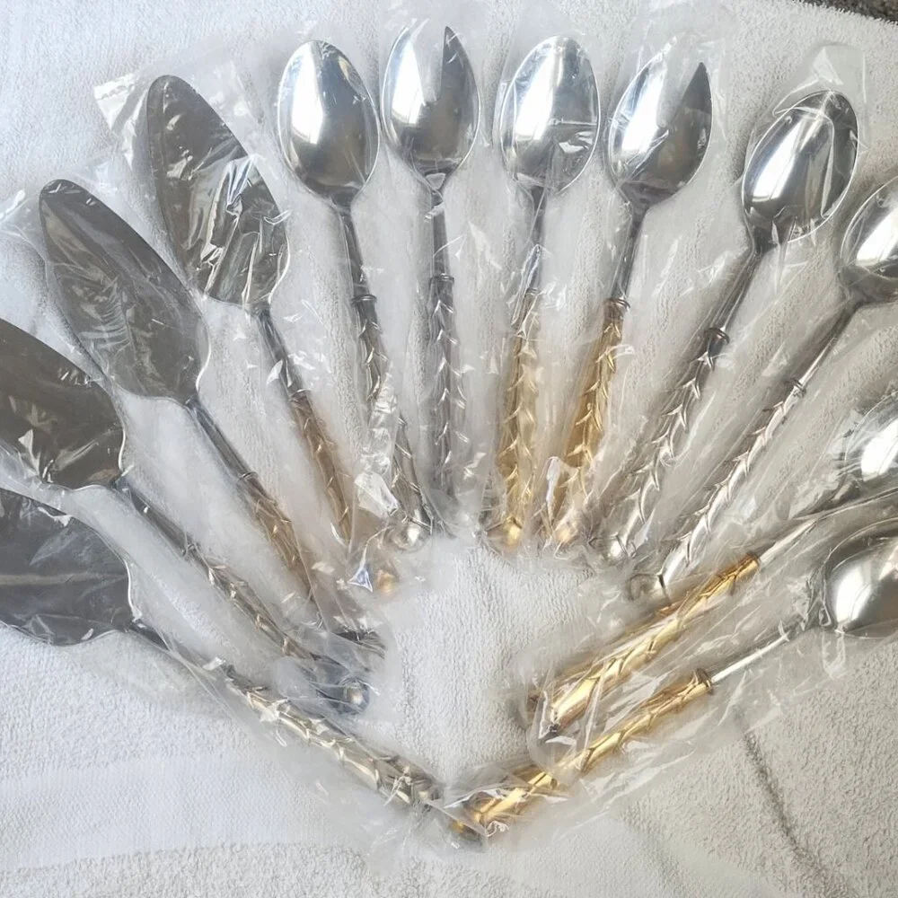 12pc LOT French Silver Gold Plate Stainless Spoon Salad Cake Hostess Server SETS